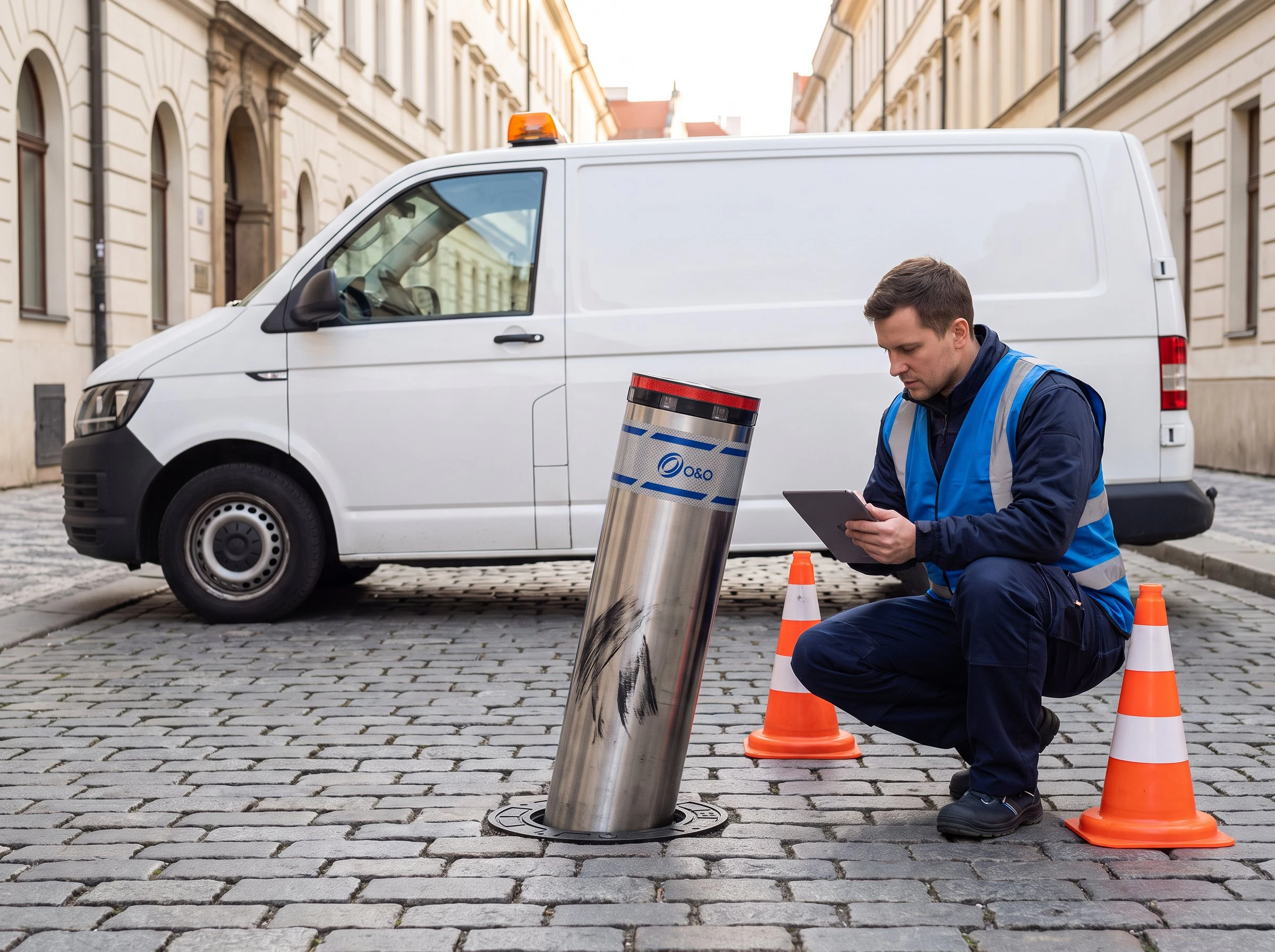 Technik u výsuvného sloupu poškozeného nárazem vozidla