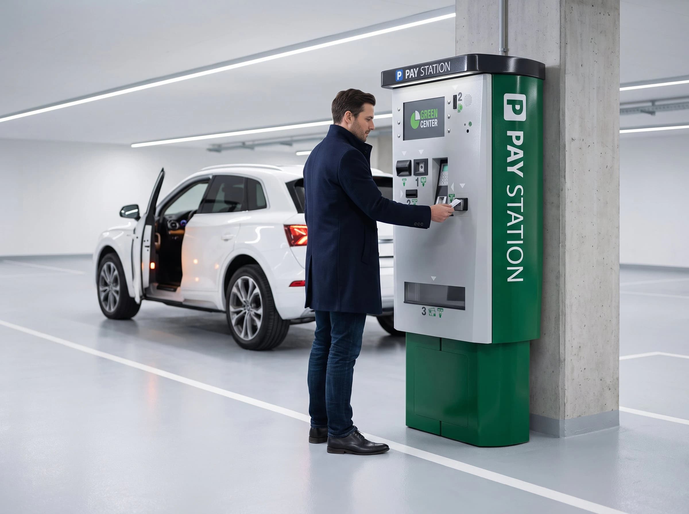 Řidič platí parkovné u platebního automatu Green Center v podzemních garážích